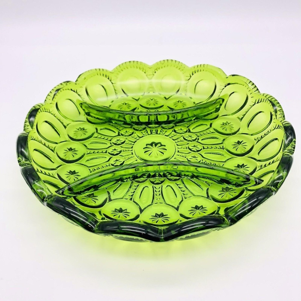 Vintage L E Smith Moon & Stars 3 Part Divided Relish Dish Green Glass A142